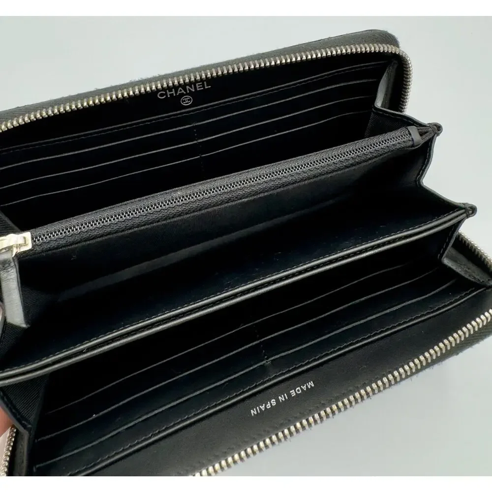 CHANEL Brilliant Patent Leather Zip Around Long Wallet Black Quilted CC Silver